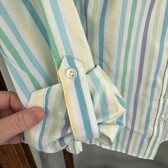 Talbots Plus Size 1X Striped Button Up Shirt 100% Cotton Roll Tab Sleeves EUC - Picture 4 of 8